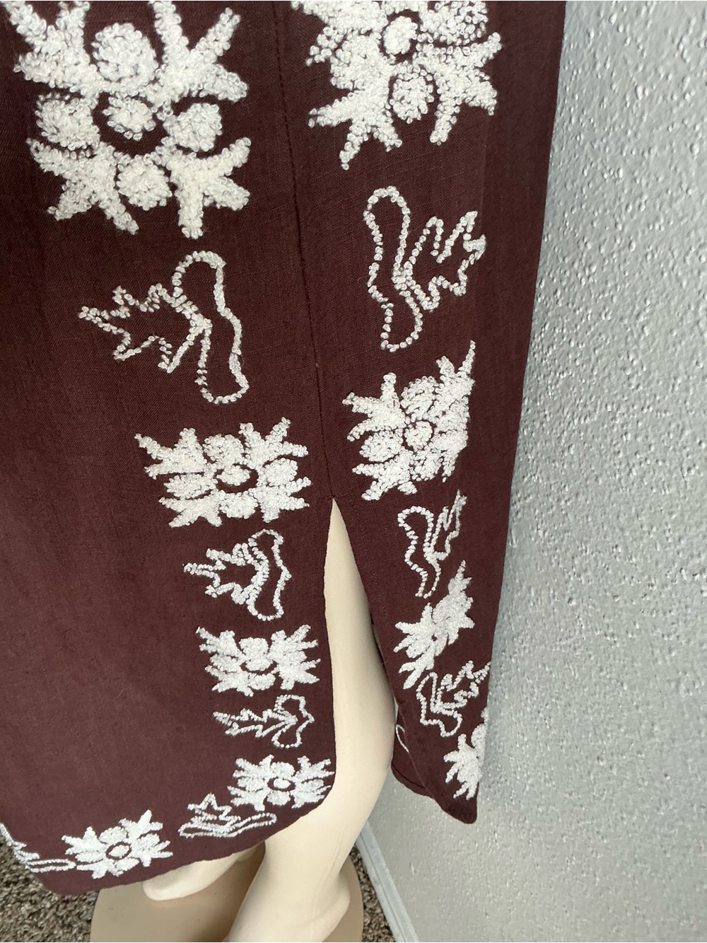 Uncle Frank Embroidered Boho Midi Dress Size M Brown Floral Pockets Side Slits - Picture 9 of 10